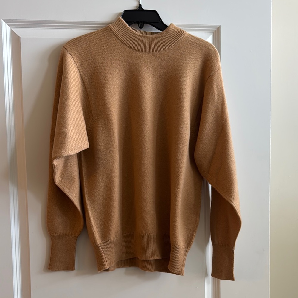 Tan Cowl Neck Sweater with Ribbed Details